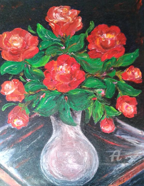 「Flower motif - Red…」というタイトルの絵画 Marija Sviličićによって, オリジナルのアートワーク, オイル