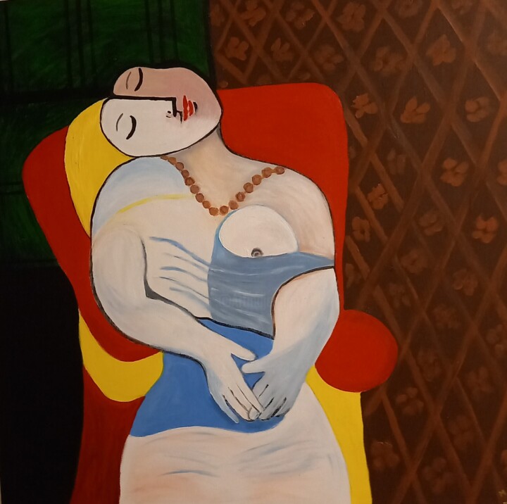 Peinture intitulée "Frau im roten Sesse…" par Marija Weiß, Œuvre d'art originale, Acrylique