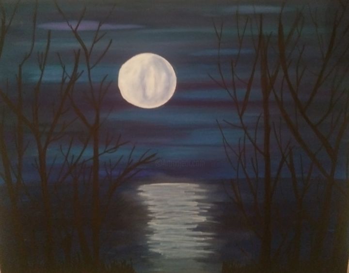 Painting titled "Lune sur le lac" by Mjoly, Original Artwork, Acrylic