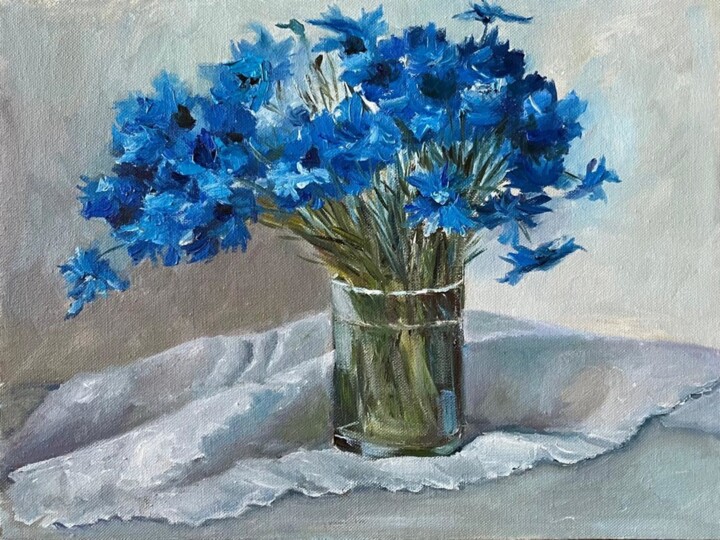 Painting titled "Blue cornflowers" by Marina Gavrilova, Original Artwork, Oil