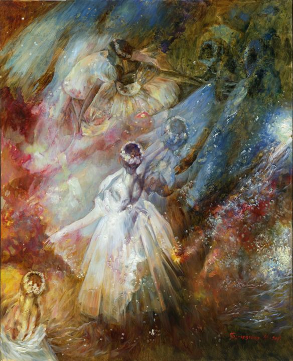 Schilderij getiteld "Балет" door Marina Podgaevskaya, Origineel Kunstwerk, Olie Gemonteerd op Frame voor houten brancard