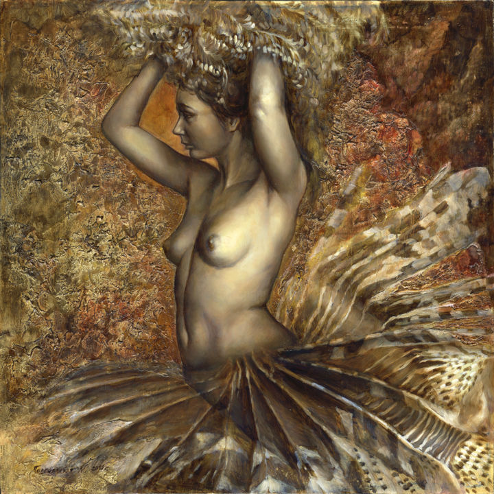 Картина под названием "Golden fish" - Marina Podgaevskaya, Подлинное произведение искусства, Масло Установлен на Деревянная…