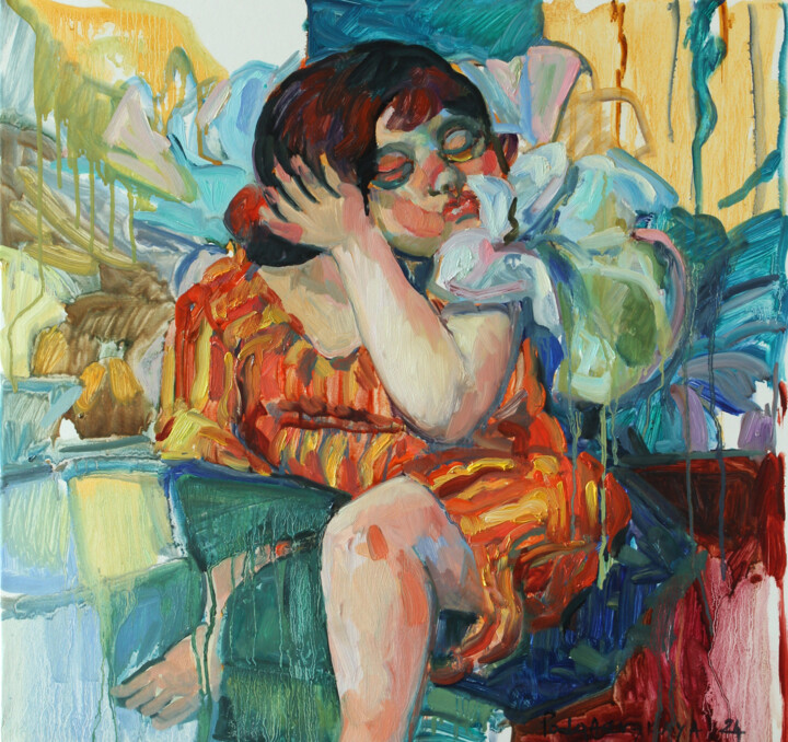 Peinture intitulée "Girl with a flower" par Marina Podgaevskaya, Œuvre d'art originale, Huile