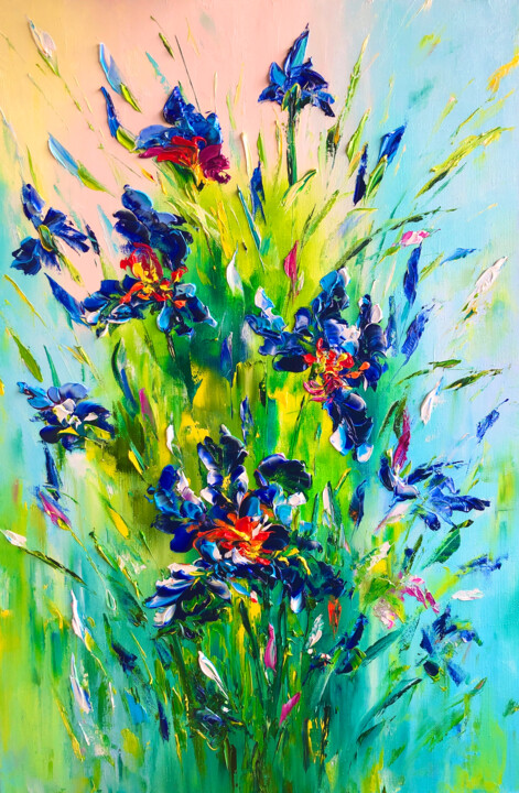 Painting titled "BLUE SALUTE - Irise…" by Marina Skromova, Original Artwork, Oil Mounted on Wood Panel