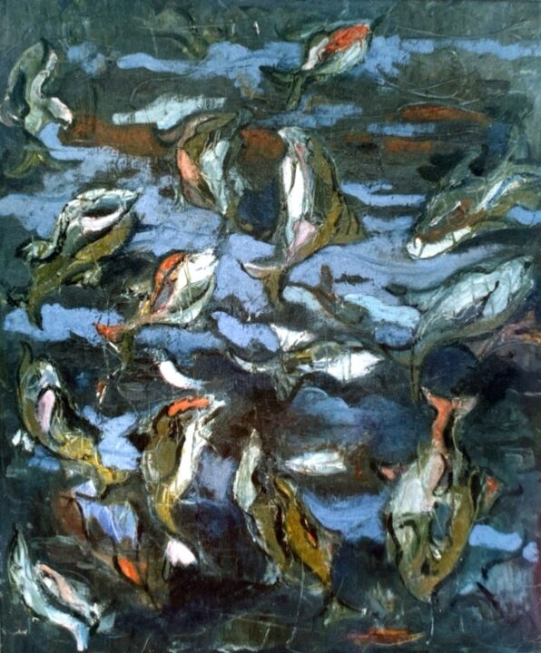 Картина под названием "Pesci in un acquario" - Mario Fanconi, Подлинное произведение искусства, Масло