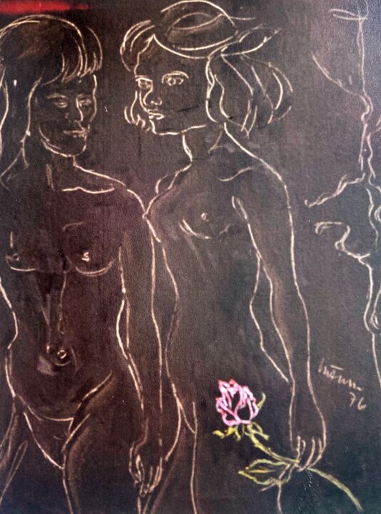 Painting titled "Nudo con rosa" by Mario Fanconi, Original Artwork, Charcoal