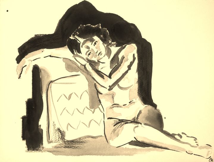 Schilderij getiteld "Femme nue assise de…" door Marion Carralero, Origineel Kunstwerk, Inkt