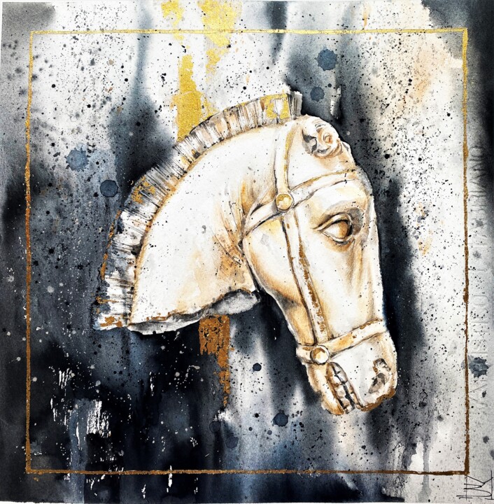 Peinture intitulée "Antique horse head" par Mariya Volynskih, Œuvre d'art originale, Aquarelle