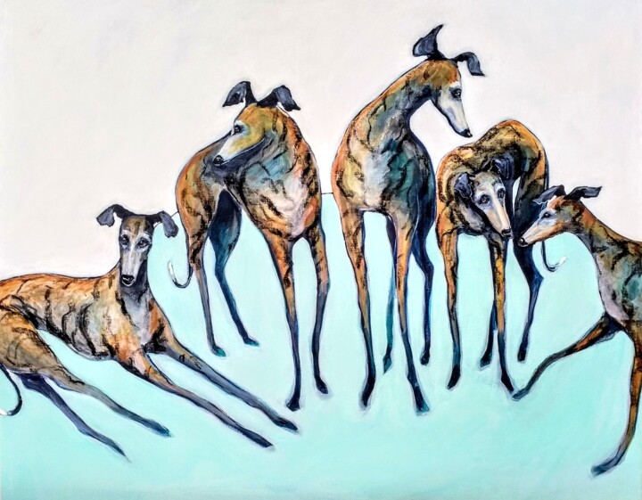 Painting titled "Gang of Galgos" by Marjory Mulrooney, Original Artwork, Acrylic