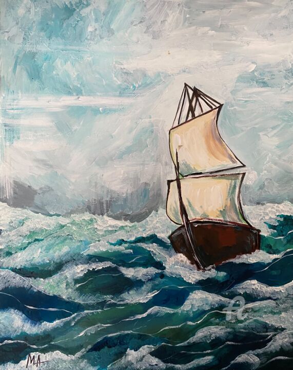 Painting titled "SHIP ON THE WAVES.…" by Marta Abdullaeva (ATRAM), Original Artwork, Acrylic Mounted on Wood Stretcher frame