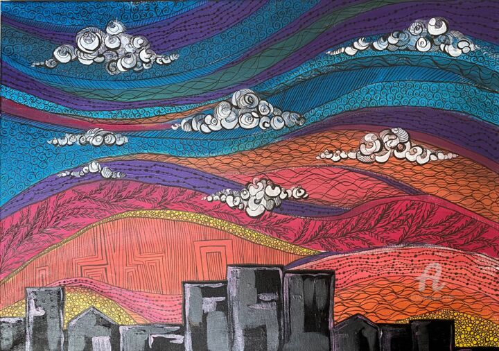 "SUNSET OVER THE VIL…" başlıklı Tablo Marta Abdullaeva (ATRAM) tarafından, Orijinal sanat, Akrilik Ahşap Sedye çerçevesi üze…