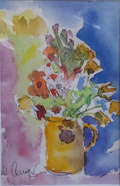 Pittura intitolato "bouquet-au-pot-jaun…" da Martine Campos, Opera d'arte originale