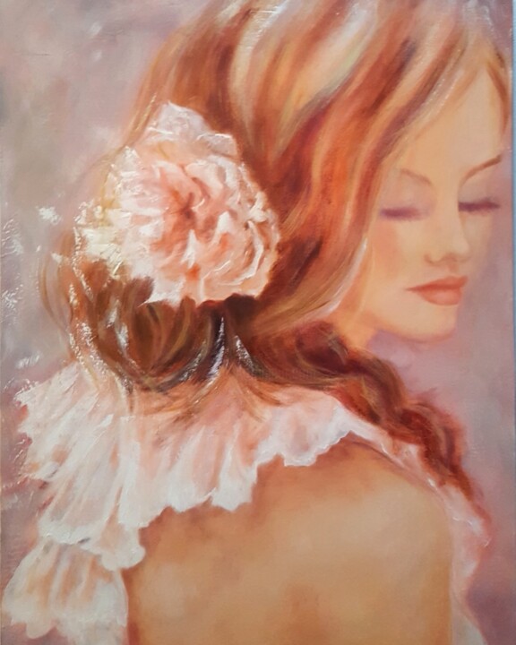 Painting titled "Fille à la fleur ro…" by Martine Gregoire, Original Artwork, Oil Mounted on Wood Stretcher frame