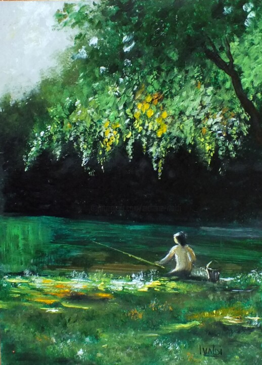 Peinture intitulée "Le pêcheur" par Martine Lacotte, Œuvre d'art originale, Huile
