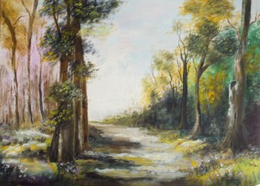 Painting titled "Chemin Forestier" by Martine Lacotte, Original Artwork, Oil