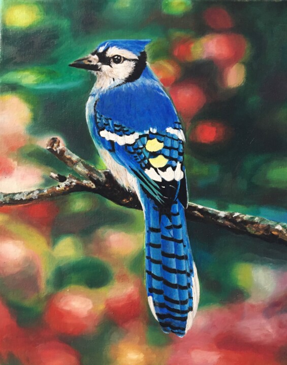 Pintura intitulada "Geai bleu" por Martine Lainé, Obras de arte originais, Óleo Montado em Armação em madeira