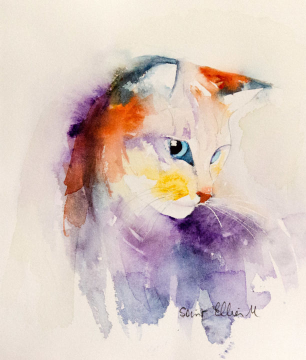 Peinture intitulée "chat de profil" par Martine Saint Ellier, Œuvre d'art originale, Aquarelle