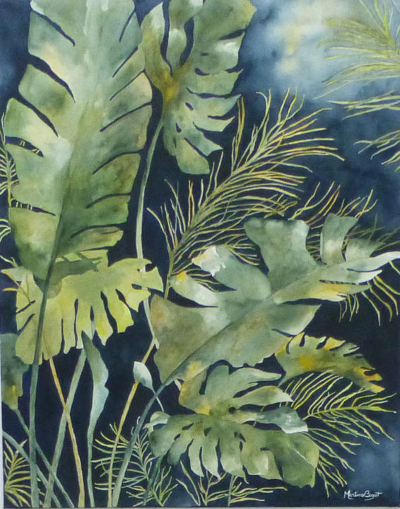 제목이 "Feuilles vertes"인 미술작품 Martine Boguet로, 원작, 수채화 나무 들것 프레임에 장착됨