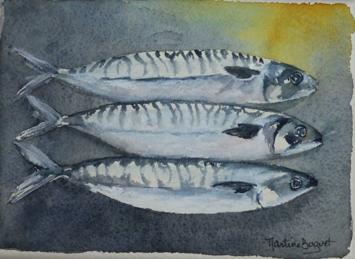 Malarstwo zatytułowany „Sardines” autorstwa Martine Boguet, Oryginalna praca, Akwarela Zamontowany na Drewniana rama noszy