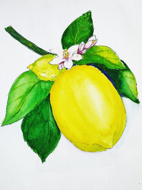 Pintura intitulada "Lemon on the branch…" por Maryna Pohorielko, Obras de arte originais, Aquarela
