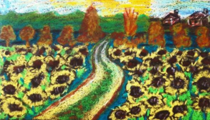 Desenho intitulada "Sunflower Landscape…" por Maryna Yasar, Obras de arte originais, Pastel