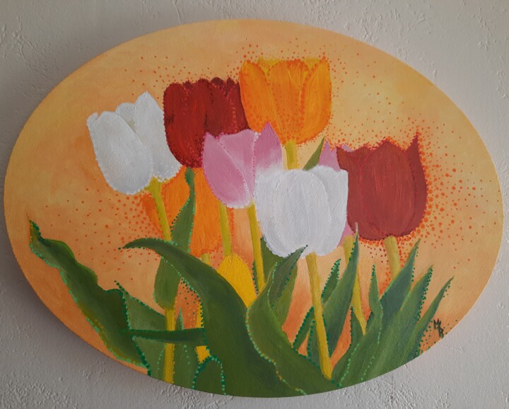 Pittura intitolato "Tulipes colorées" da Maryse Curinier-Rochette, Opera d'arte originale, Olio Montato su Telaio per barell…