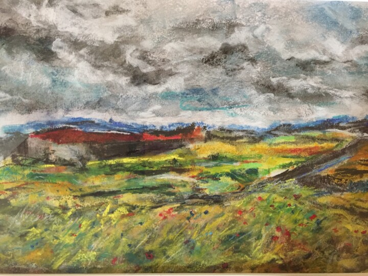 Drawing titled "PAYSAGE AUX CHAMPS…" by Serge Elie, Original Artwork, Pastel Mounted on Cardboard