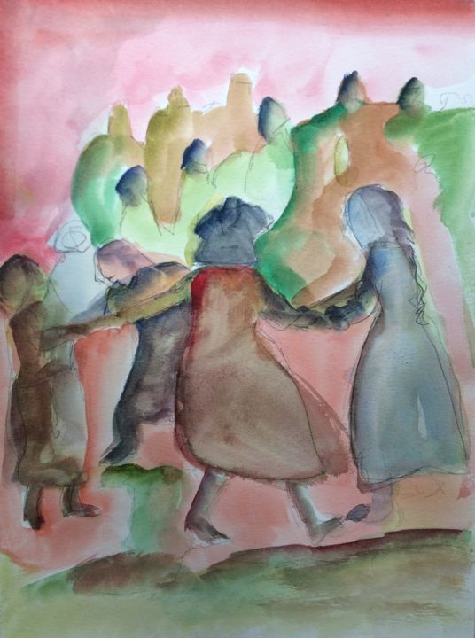 Peinture intitulée "La ronde ou Danse d…" par Stéphane Massoutier, Œuvre d'art originale, Aquarelle