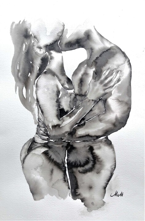Painting titled "Lovers embrace VII" by Mateja Marinko, Original Artwork, Ink
