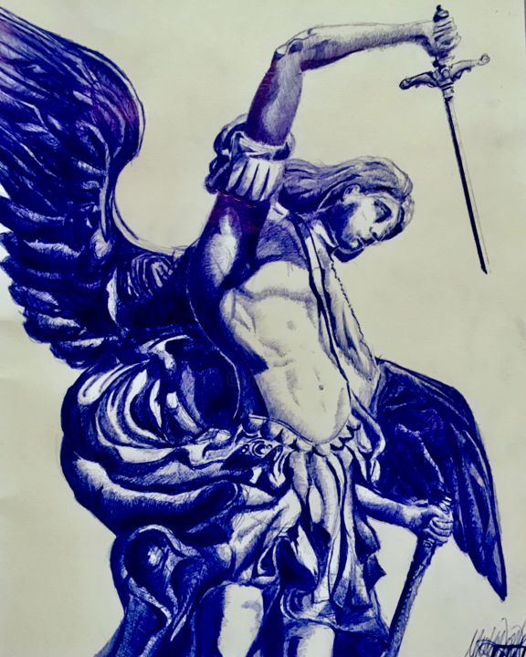 Zeichnungen mit dem Titel "Statua dell'arcange…" von Matthias Wallig, Original-Kunstwerk, Kugelschreiber