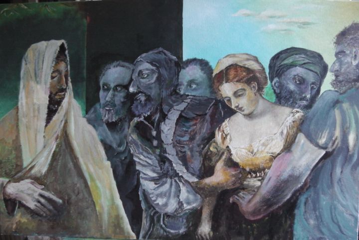 Pittura intitolato "Jésus et la femme a…" da Jean-Louis Maurer, Opera d'arte originale, Acrilico