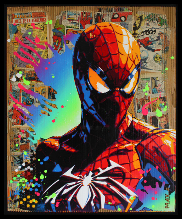 Painting titled "spiderman " les ail…" by Max Andriot, Original Artwork, Acrylic Mounted on Wood Stretcher frame