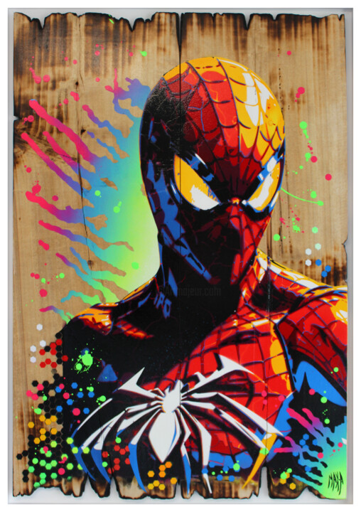 Painting titled "spiderman wood style" by Max Andriot, Original Artwork, Acrylic Mounted on Wood Stretcher frame