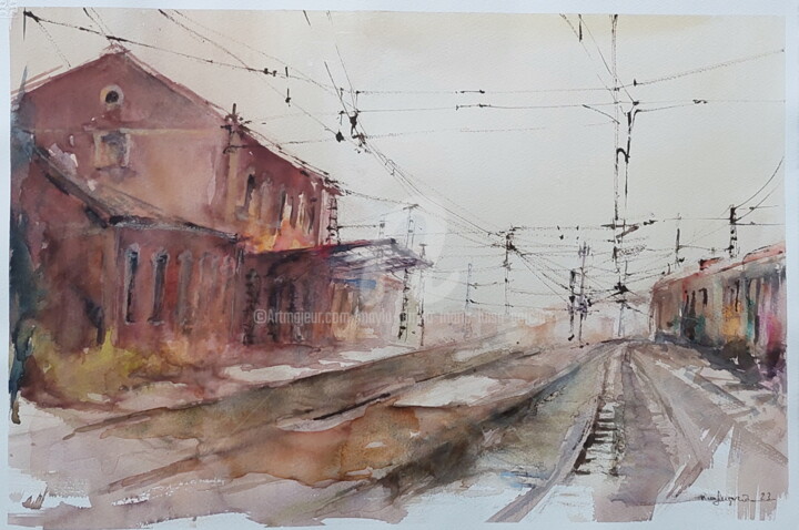 Painting titled "OLD TRAIN STATION" by Maylu Garcia (María Luisa García), Original Artwork, Watercolor