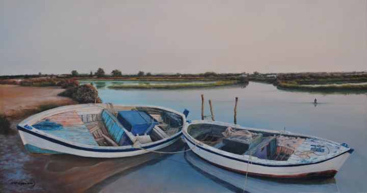 Pintura titulada "Barcas en salina Ca…" por Maymonis, Obra de arte original, Oleo
