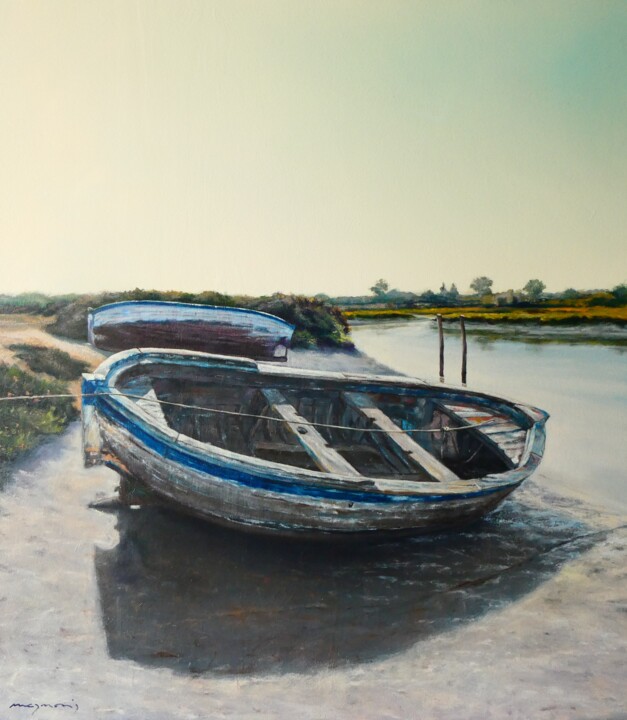 Painting titled "Barcas en salinas d…" by Maymonis, Original Artwork, Oil Mounted on Wood Stretcher frame