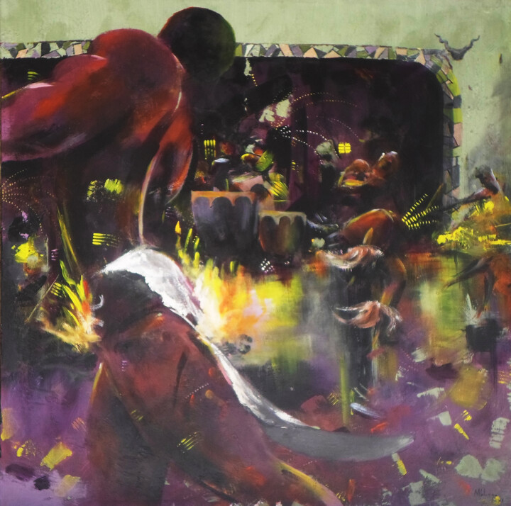 Painting titled "Zulu Dancers" by Mbongeni, Original Artwork, Oil