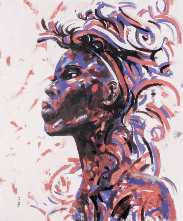 Malerei mit dem Titel "Headdress imaginati…" von Mbongeni, Original-Kunstwerk, Öl