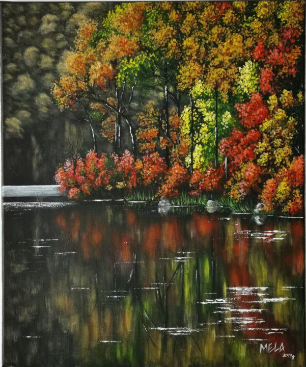 Schilderij getiteld "Autumn Lake" door Mela Calkic, Origineel Kunstwerk, Acryl
