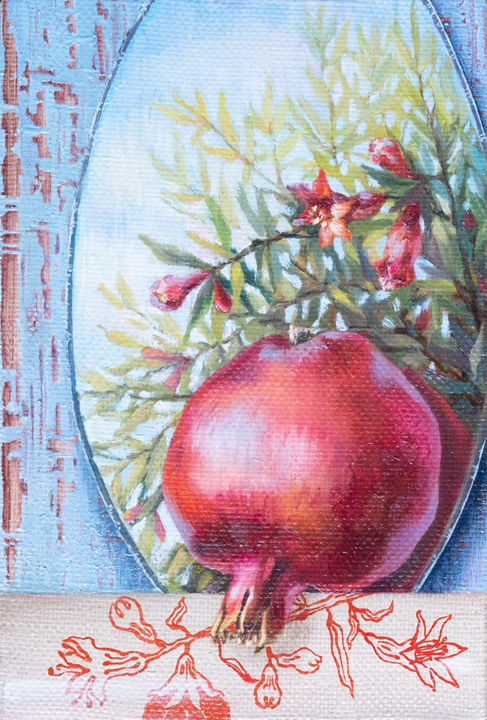 Painting titled "In pomegranate gard…" by Maria Meltsaeva, Original Artwork, Oil Mounted on Wood Stretcher frame