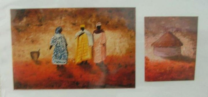 Schilderij getiteld "Africaines et case" door Antoni Menu, Origineel Kunstwerk, Olie