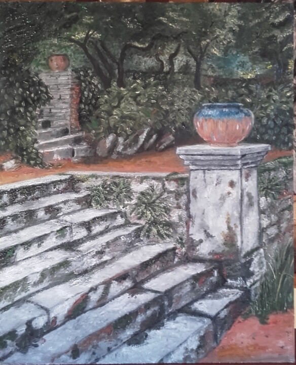 Schilderij getiteld "L'escalier du Châte…" door Sylvia Leroy, Origineel Kunstwerk, Olie
