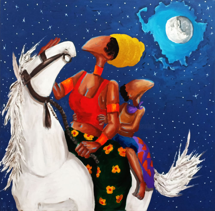 Pintura titulada "Cavalière africaine" por Meriam Mourhat, Obra de arte original, Acrílico