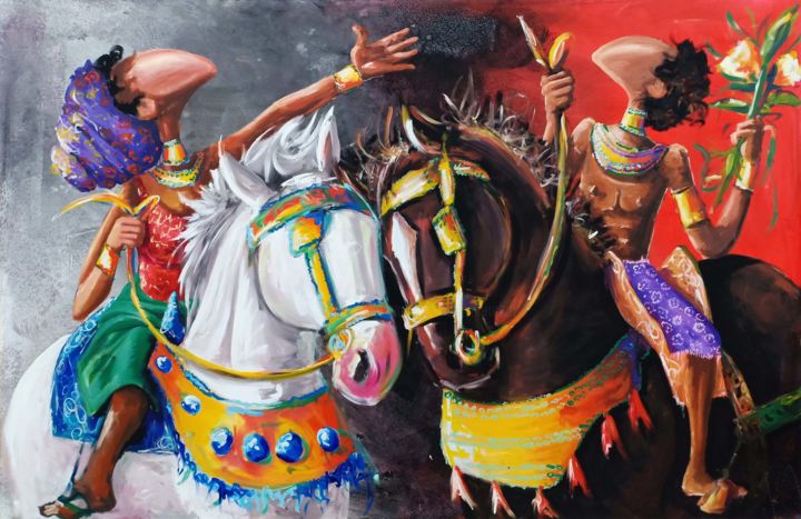 Painting titled "Balade à cheval" by Meriam Mourhat, Original Artwork, Acrylic