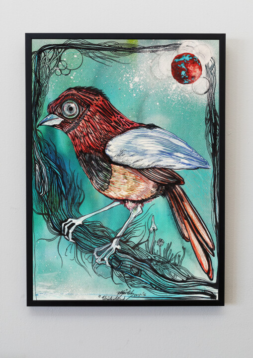 Peinture intitulée "thinker bird" par Merve Gürlek, Œuvre d'art originale, Huile