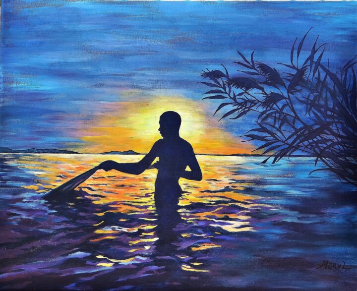 Painting titled "Pêcheur au Sénégal" by Meryl, Original Artwork, Acrylic