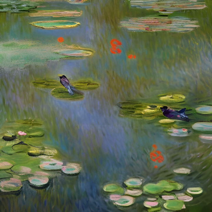 「Birds on Lotus Pond」というタイトルの絵画 Michael Cheungによって, オリジナルのアートワーク, アクリル ウッドストレッチャーフレームにマウント