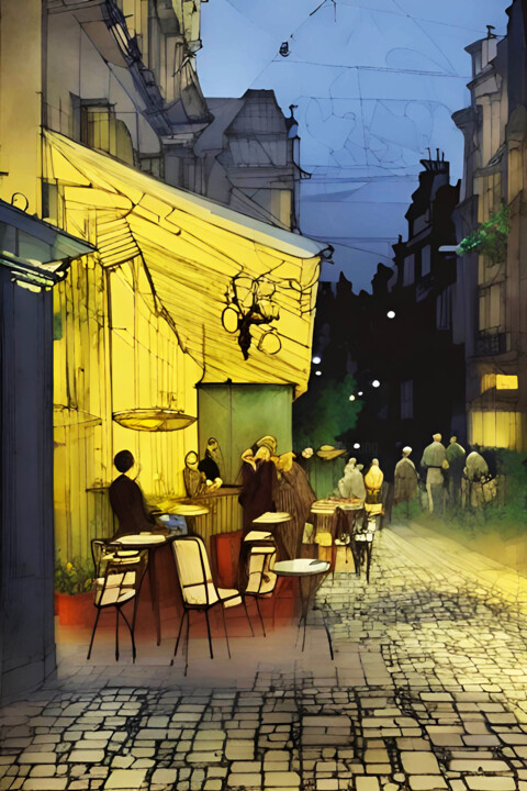 绘画 标题为“Cafe in Paris” 由Michael Cheung, 原创艺术品, 丙烯 安装在木质担架架上