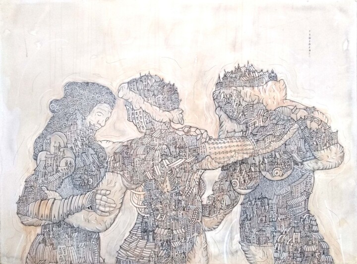 Rysunek zatytułowany „Les trois grâces” autorstwa Michael Hebert, Oryginalna praca, Atrament Zamontowany na Drewniana rama n…