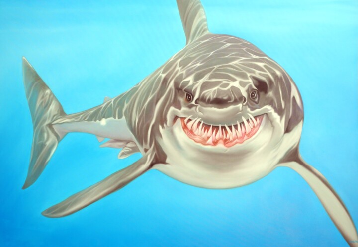 Ζωγραφική με τίτλο "Sharky" από Michael Loeb, Αυθεντικά έργα τέχνης, Λάδι Τοποθετήθηκε στο Ξύλινο φορείο σκελετό